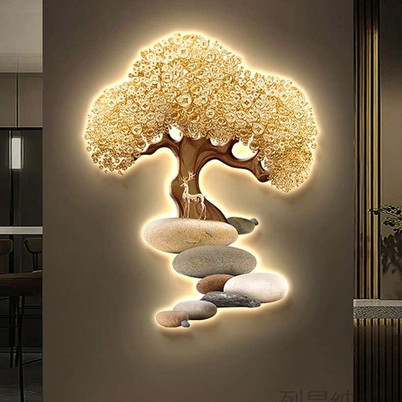 发财树入户玄关装饰画对门过道走廊吉祥鹿led壁灯画发光简约挂画