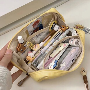简约黄色面包多隔层笔袋学生ins风纯色高颜值大容量多隔层文具袋