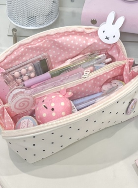 韩版白色贝壳手提式笔袋学生ins风波点高颜值大容量多隔层文具袋