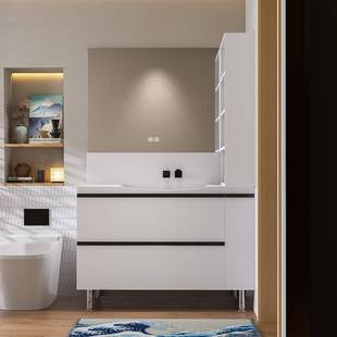 日式简约风可丽耐一体高背盆卫生间橡胶木落地款浴室柜洗漱台定制