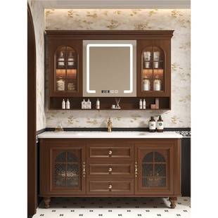 落地式 浴室柜组合美式 浴室水槽洗手盆 覆古中世纪风格 橡木法式