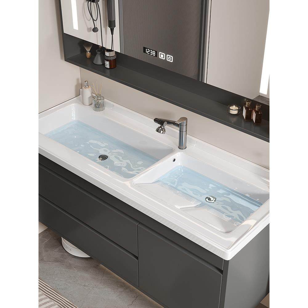 现代简约陶瓷一体化双盆搓板面盆浴室柜阳台浴室面盆洗衣池组合