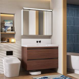 中古风可丽耐一体高背盆卫生间橡胶木免漆胡桃色浴室柜洗漱台定制