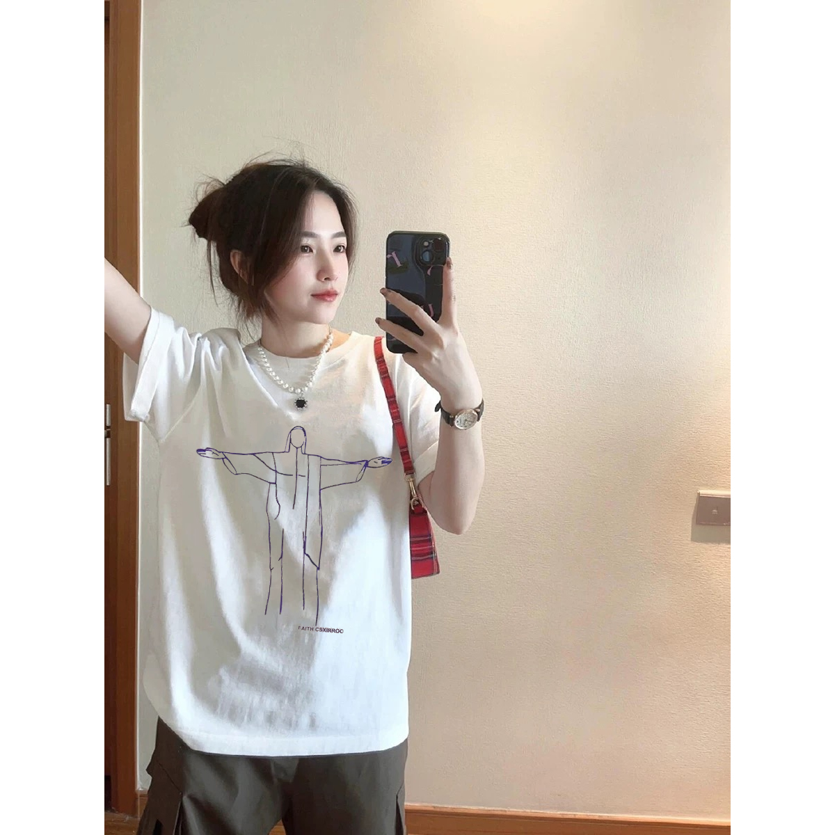 纯棉白色正肩短袖t恤女2025新款爆款美式潮牌宽松设计感半袖上衣