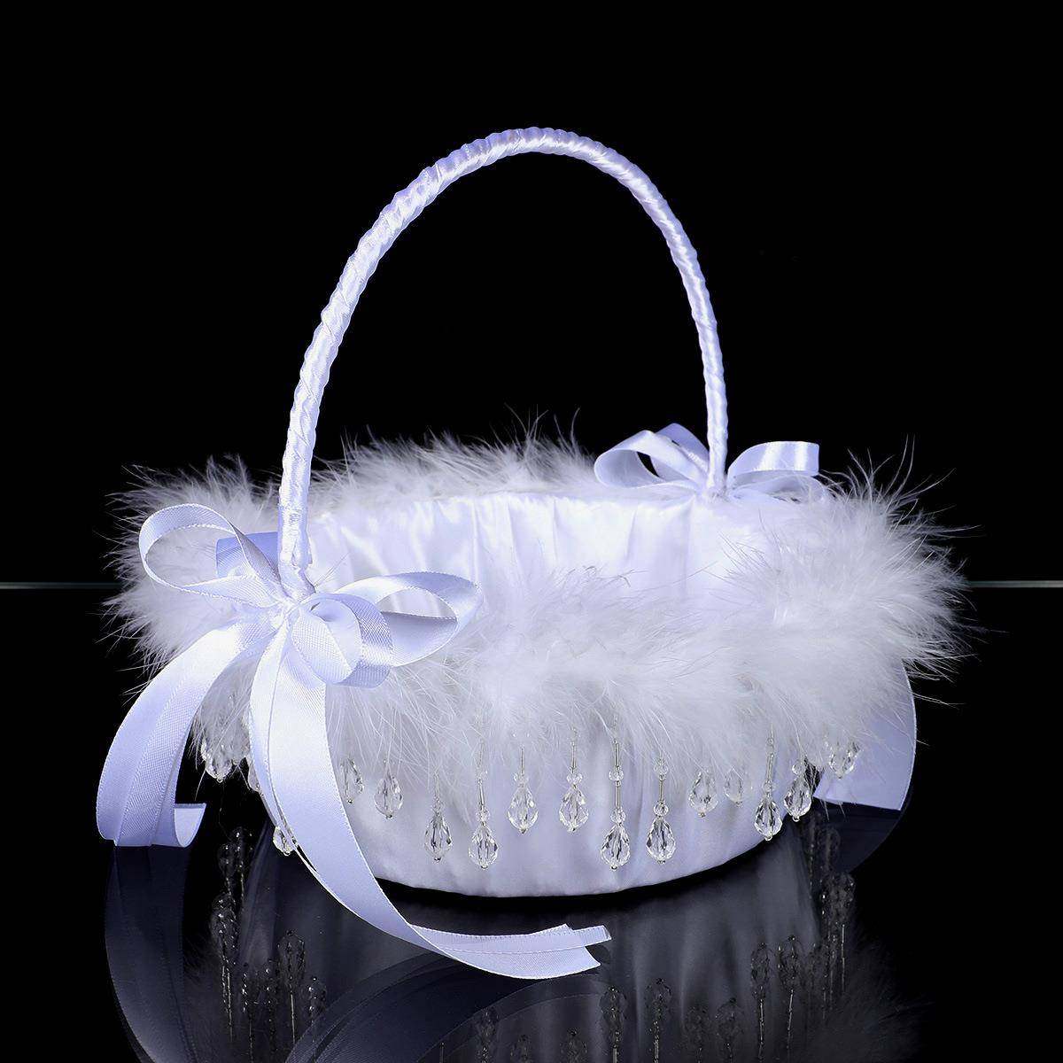 白色水晶缀饰婚礼花篮新娘花童撒花篮缎面蝴蝶结手提婚庆装饰篮