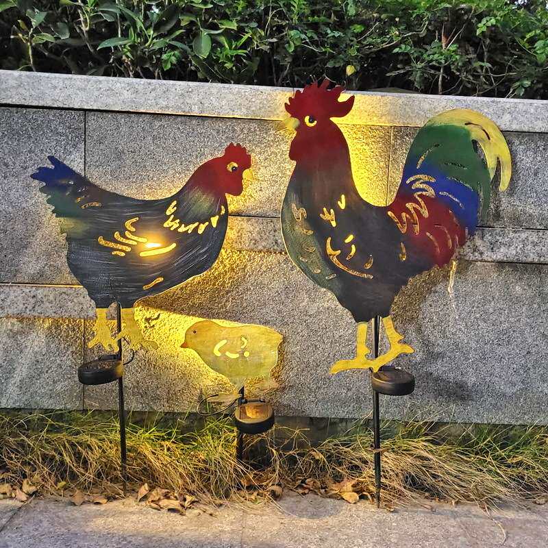 户外景观阳台金属装饰太阳能灯田园母鸡铁艺动物落地摆件公园草坪
