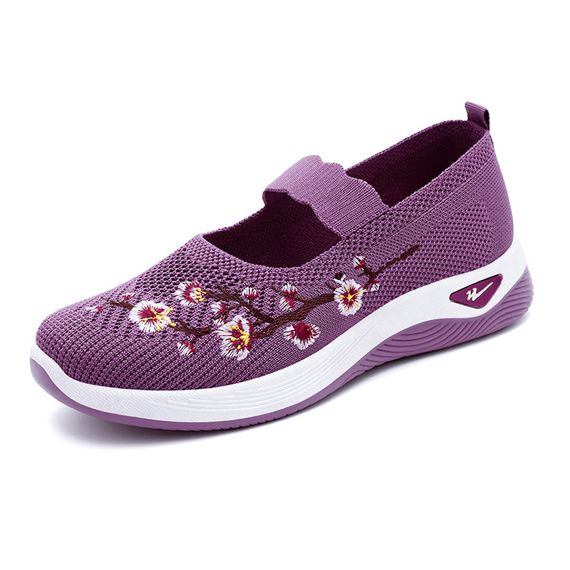 双星春节舒适百搭透气网面绣花健步鞋女鞋中老年妈妈鞋休闲运动鞋