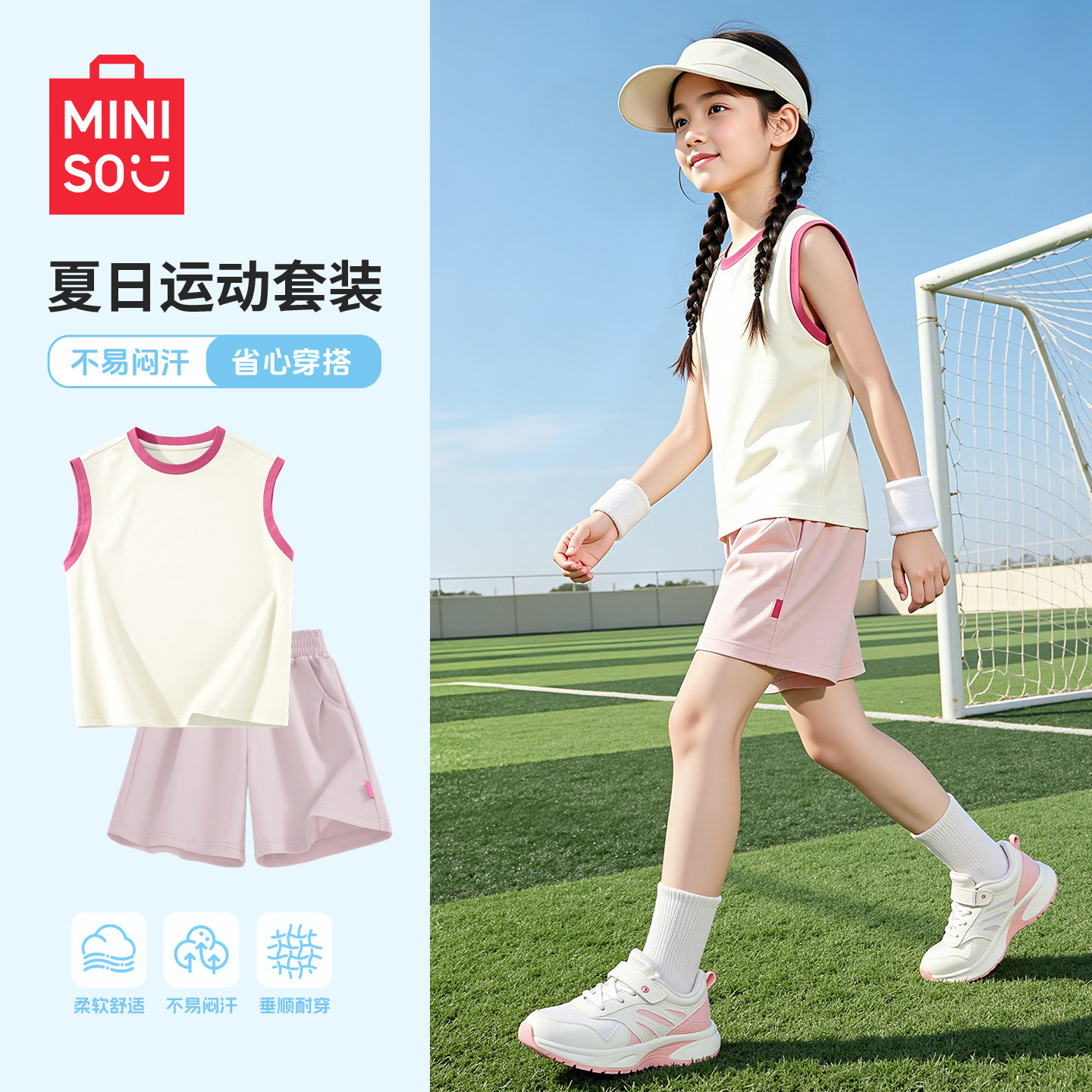 名创优品女童夏季套装2026新款运动宽松女孩无袖t恤时尚速干短裤