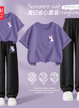 迪士尼女童夏装套装薄纯棉紫色短袖洋气好看2026新款儿童防蚊裤C