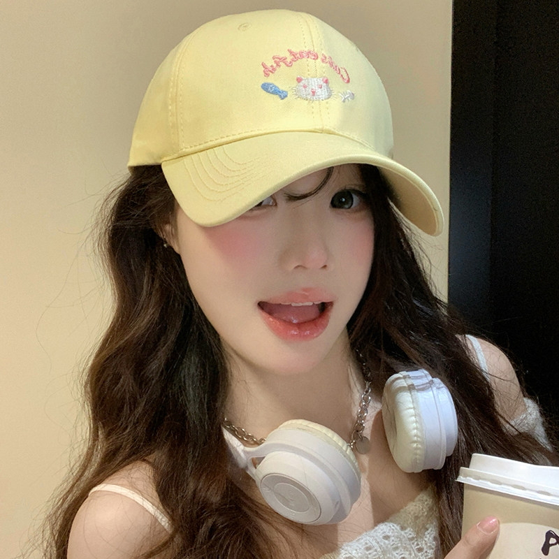 可爱小猫黄色棒球帽女春夏季大头围宽檐显脸小鸭舌帽韩版百搭帽子
