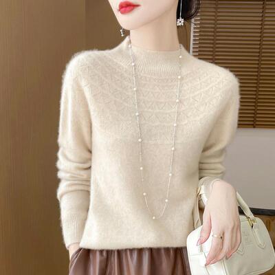 2025秋冬新款无缝一体100纯羊毛衫半高领镂空设计感女士套头毛衣