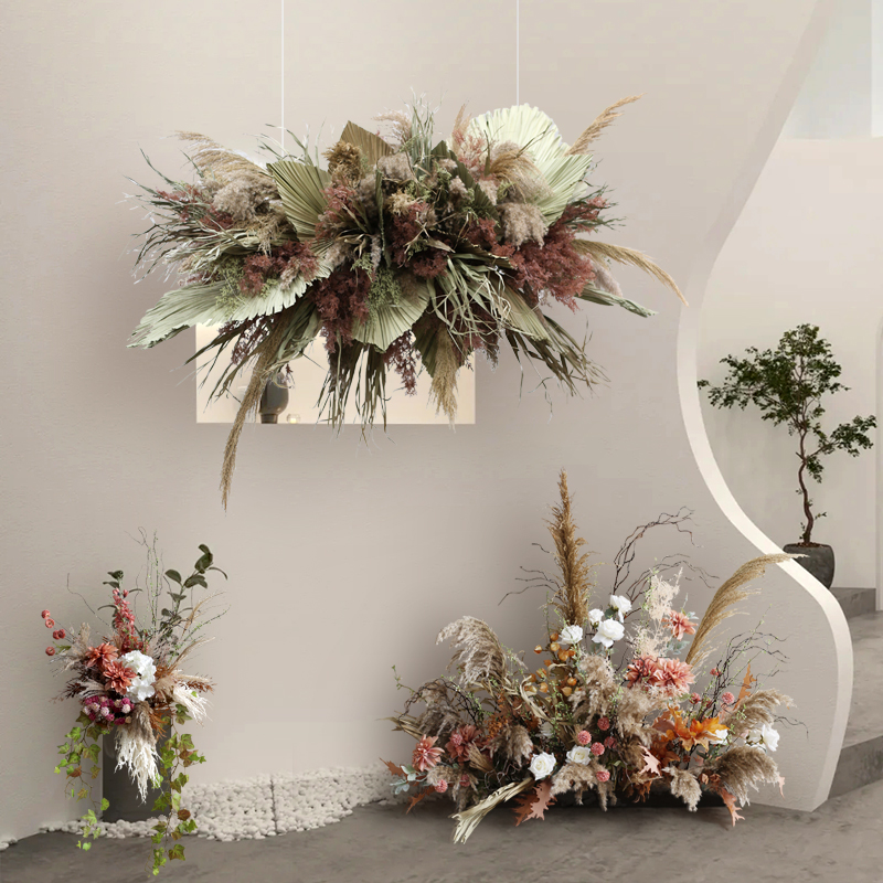 干蒲扇插花橱窗空间花艺吊饰摄影背景道具花卉餐厅酒店挂顶装饰