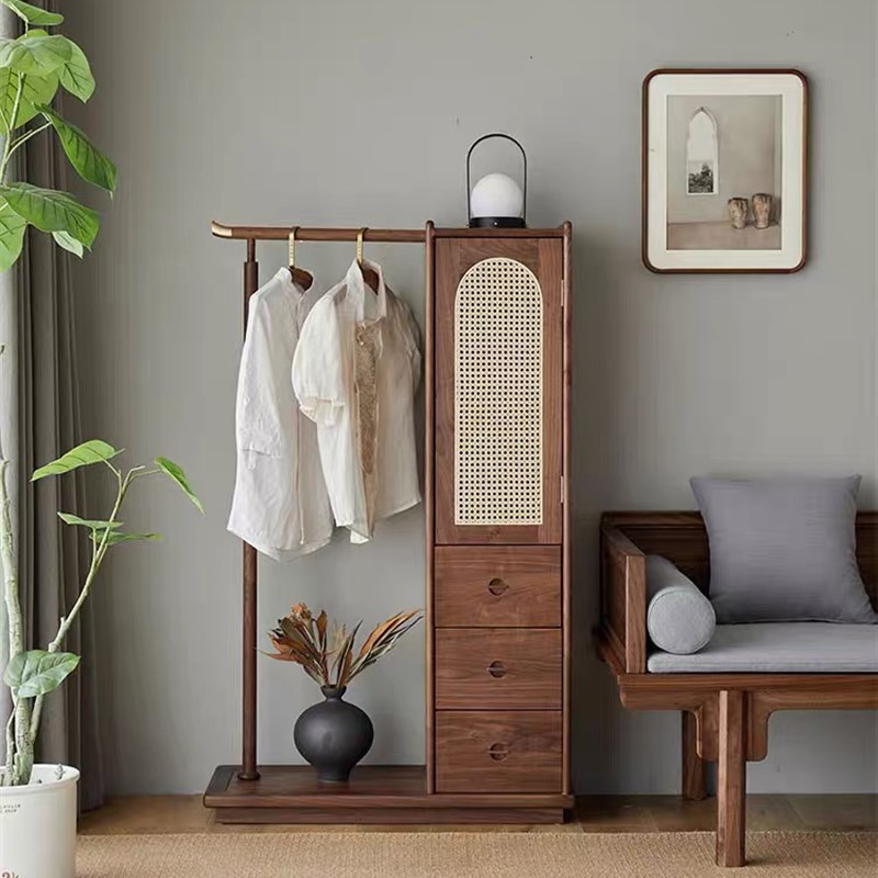 北美黑胡桃木衣帽架柜多功能家用一体挂衣架现代落地式抽屉柜