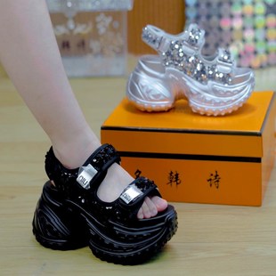 9cm小个子魔术j贴亮片厚底凉鞋 女外穿2025夏季 百搭增高休闲沙滩鞋