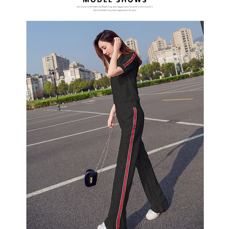 时尚蕾丝套装女新款韩版气质很仙的运动休闲网红T阔腿裤洋气两件