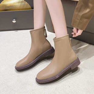 法式 41U一43胖脚宽 小短靴女春秋单靴方头平底短筒马丁靴大码 女鞋