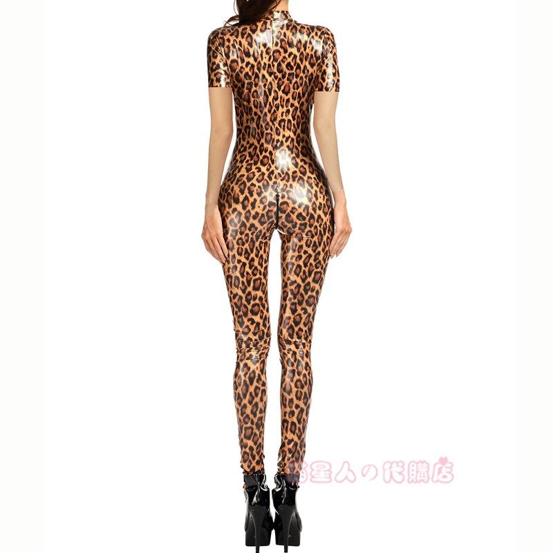 豹纹连体衣漆皮大码XL日系搜查官女裆部拉链亮皮S无袖紧身塑身套