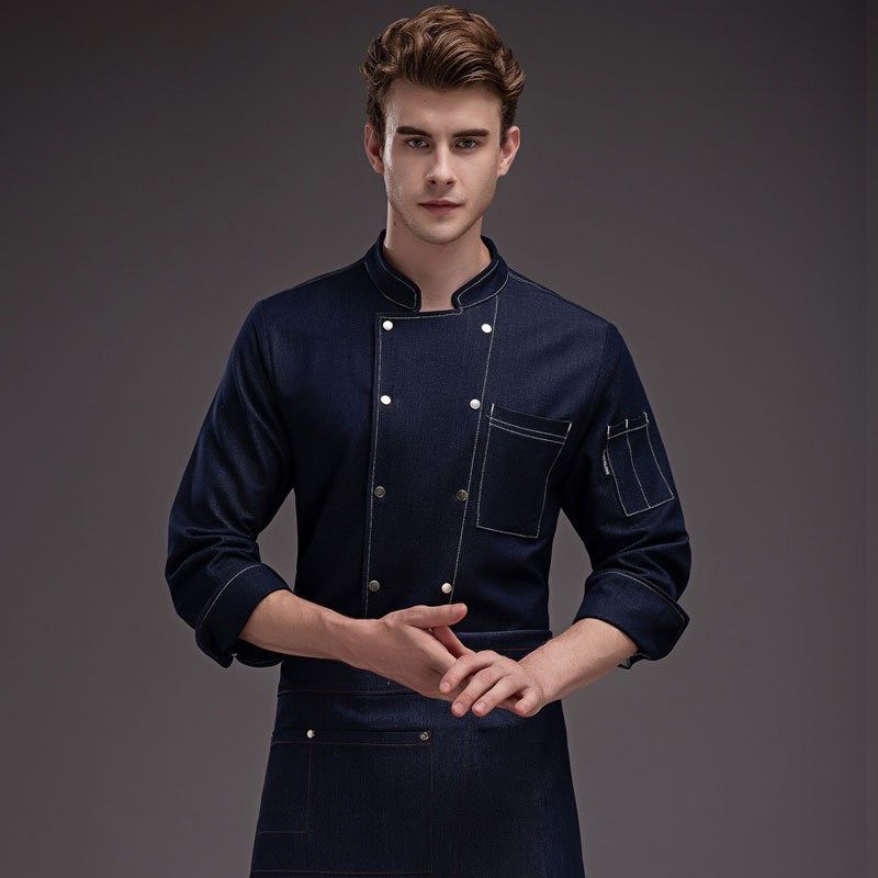 厨师工作服男长袖秋冬装高弹免烫牛仔G酒店料理寿司西餐厅大厨工