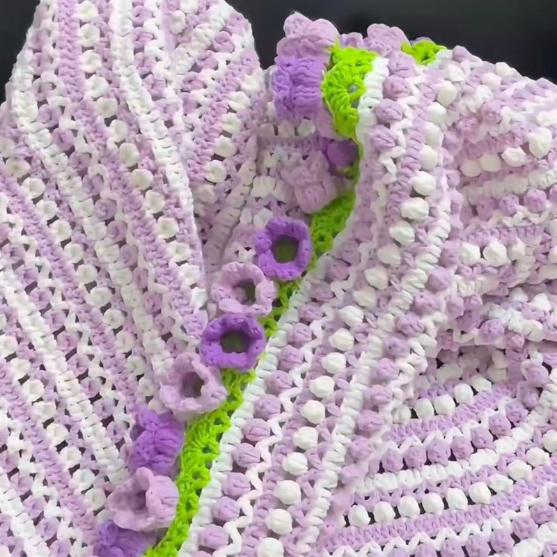 勾线手工编织毯子爆米p花缤纷铃兰花束毯毛线编织diy钩针新款刺绣