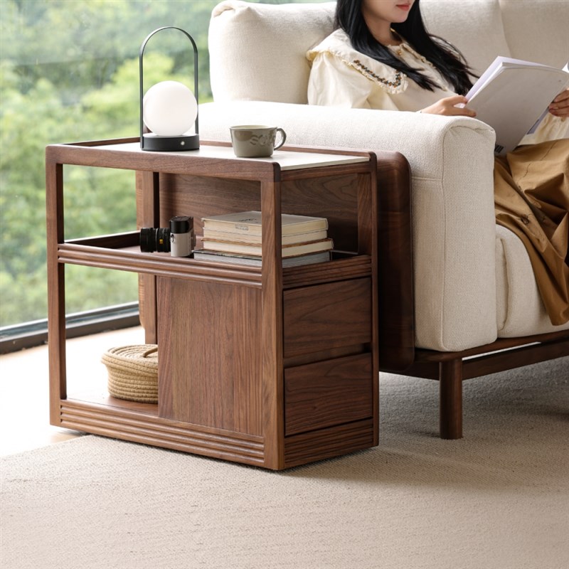 北美黑胡桃e木全实木可移动岩板边几推车客厅中古小户型茶几小桌