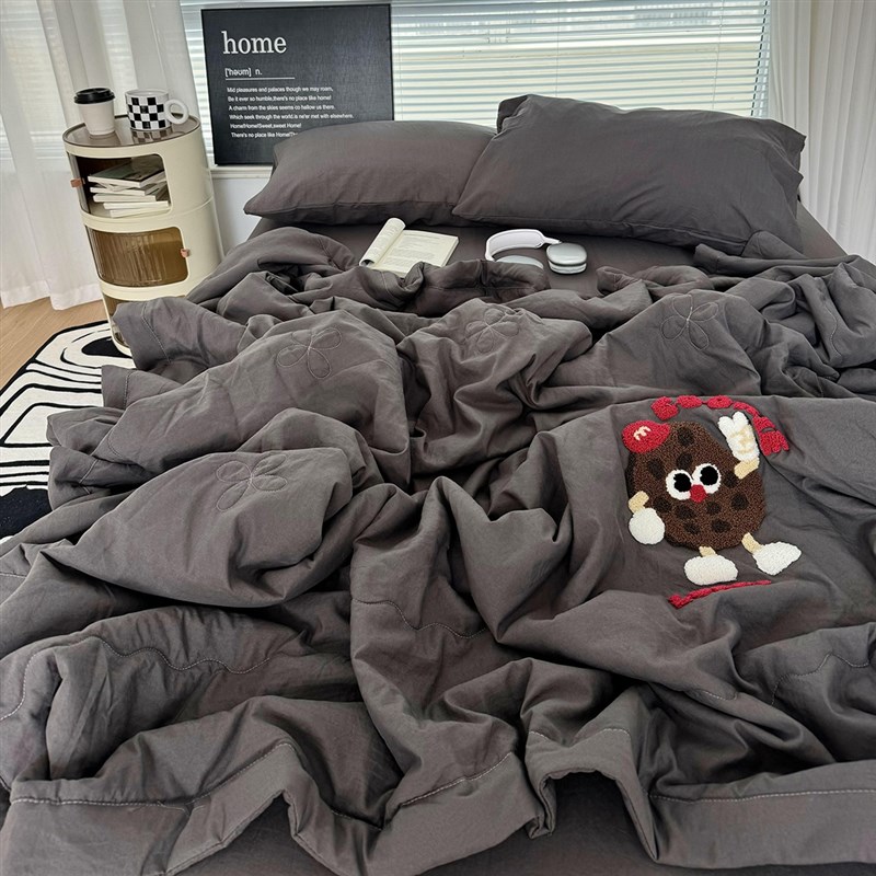 简约灰卡通毛巾绣夏被四件套夏季夏凉G被空调被单双人学生薄被子