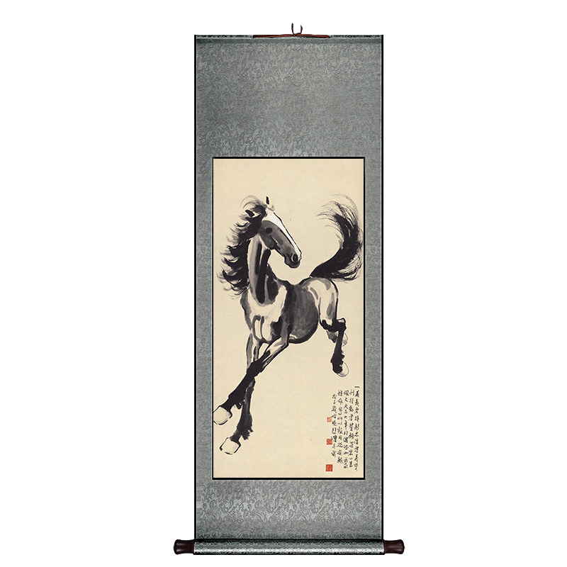 徐悲鸿奔马图新中式卷轴挂画竖版餐厅书房装N饰画玄关走廊过道挂