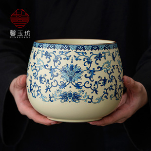 米黄汝窑青花茶洗大号废茶渣缸办公家用收纳茶杯W茶盆杯洗水 中式