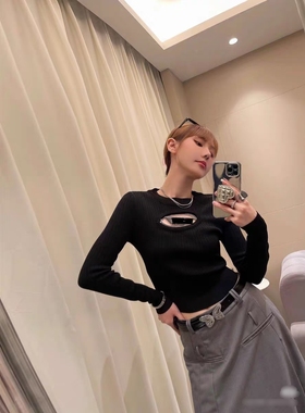 秋冬新款黑色镂空字母针织衫女修身显瘦内搭辣妹街头打底毛衣上衣