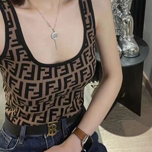 显瘦百搭打底上衣潮 背心吊带女修身 新款 U领F字母提花针织无袖