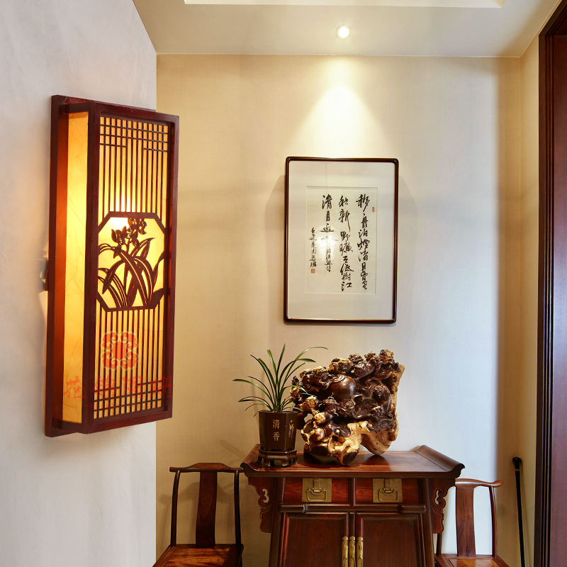 中式木艺壁灯 创意仿古实木回形壁灯 茶楼会所过道壁灯仿羊皮灯