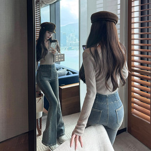 早安樊樊「4.0漫画腰」收腹薄绒微喇裤女春秋修身显瘦抓绒牛仔裤