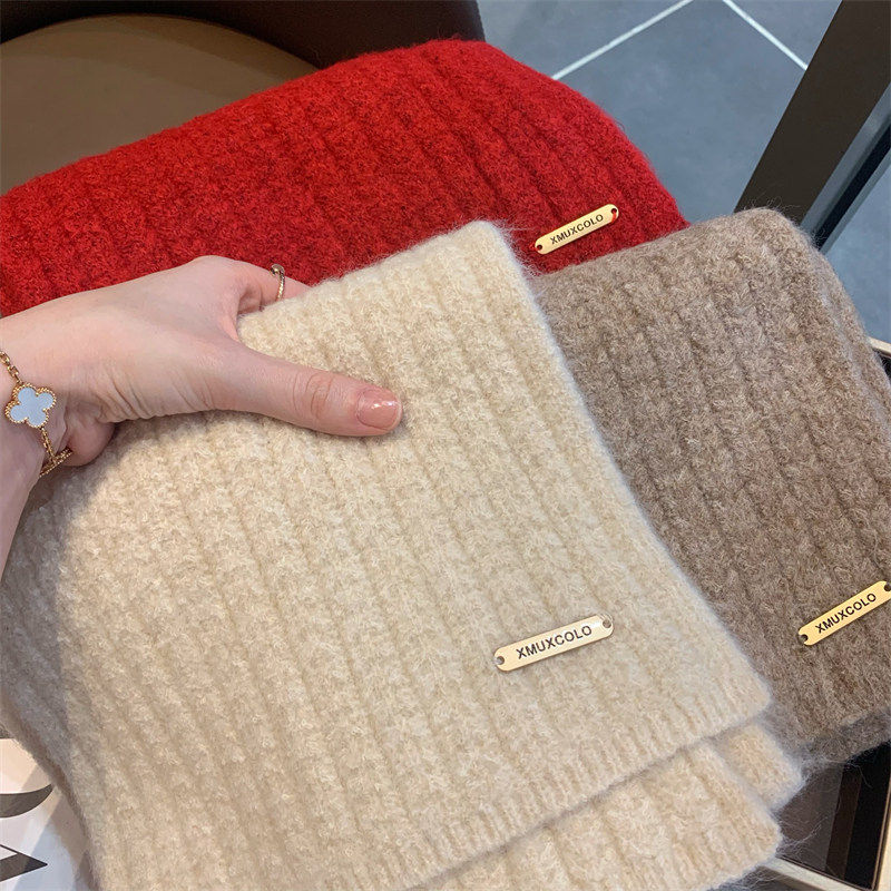 出口韩国~小金标纯色含羊毛围巾女冬季百搭保暖学生情侣针织围脖