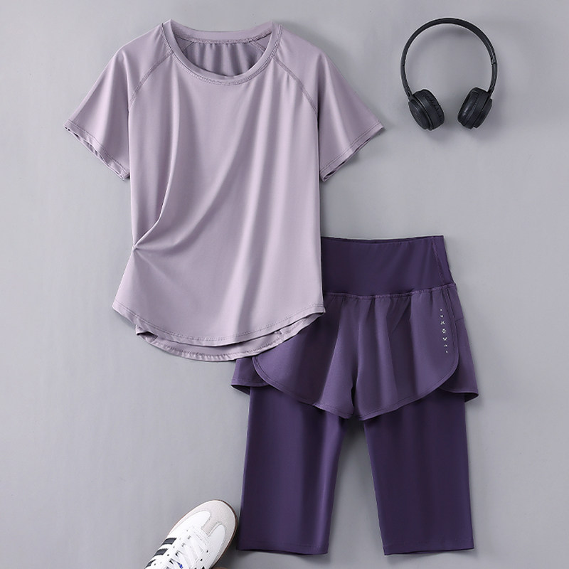 专业跑步运动服短袖套装女夏季新款速干透气宽松瑜伽训练服五分裤