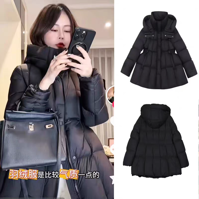 老钱复古摩登鸭绒收腰连帽羽绒服