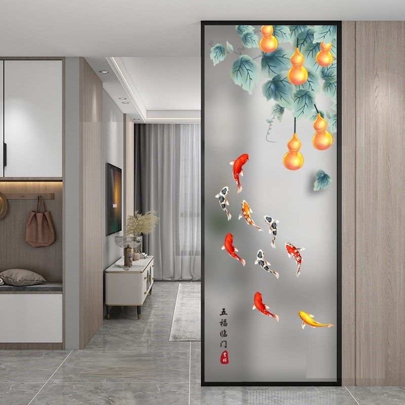 现代定制钢化艺术玻璃屏风隔断客厅遮挡入户门玄关磨砂九鱼图