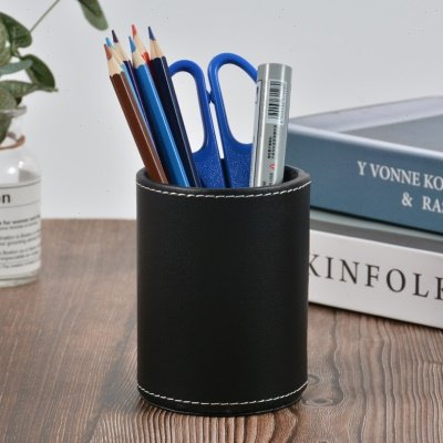 皮革笔筒 公桌收纳笔筒 书房桌面收纳 圆形笔筒 创意笔座收纳盒