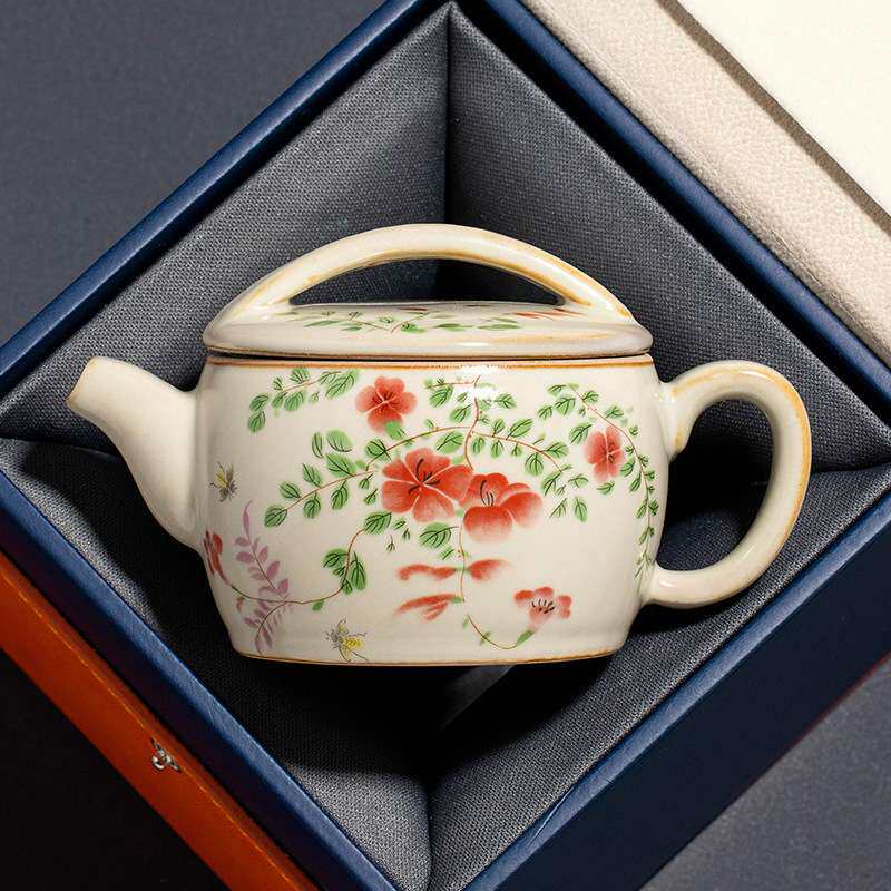 汝窑大红花茶壶泡茶家用开片陶瓷茶具汉瓦壶功夫泡茶壶单壶