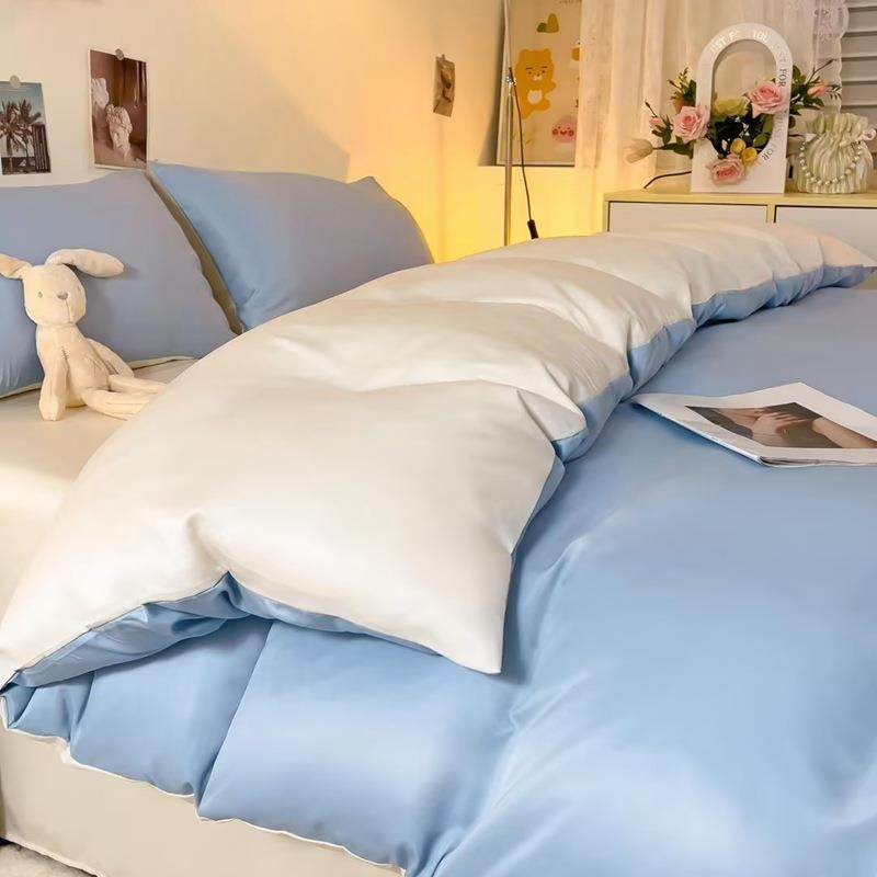 2025水洗真丝四件套纯色双拼冰丝套件单被套三件套