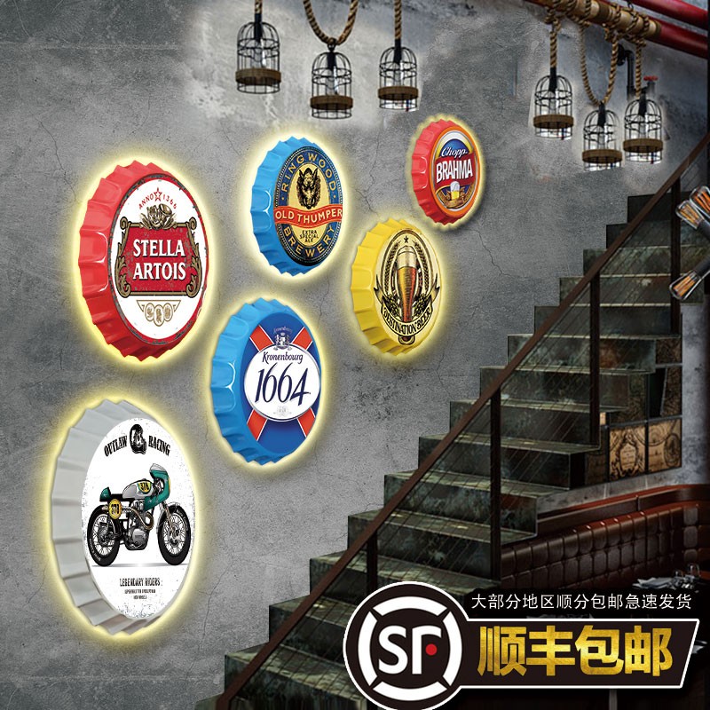 墙壁灯复古背光铁皮画啤酒盖装饰铁艺酒吧餐饮墙面背景墙网红装饰图片