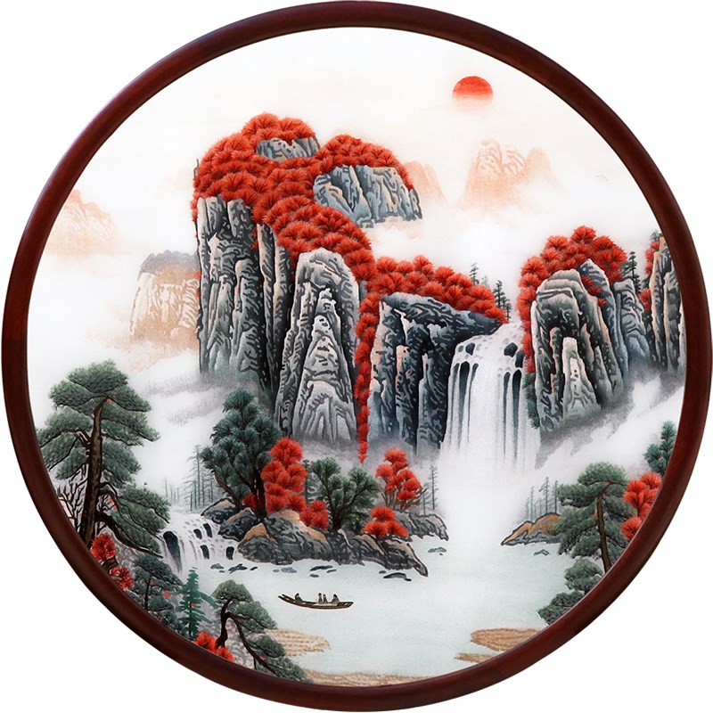 苏绣成品挂画玄关圆形山水现代中式书房苏州纯手工刺绣圆形装饰画图片