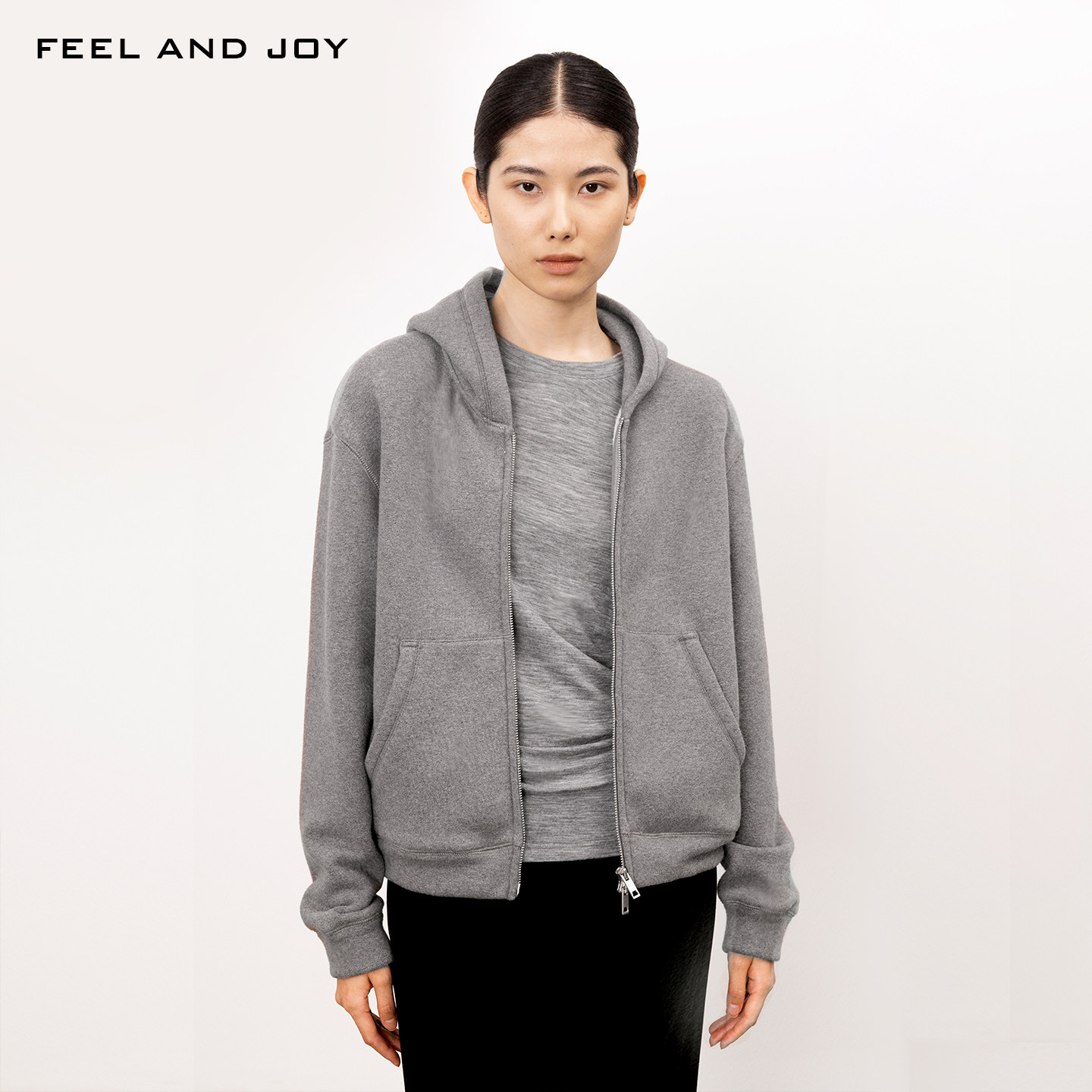 FEELANDJOY秋季新款简约外套女匹马棉双面毛圈连帽卫衣运动开衫