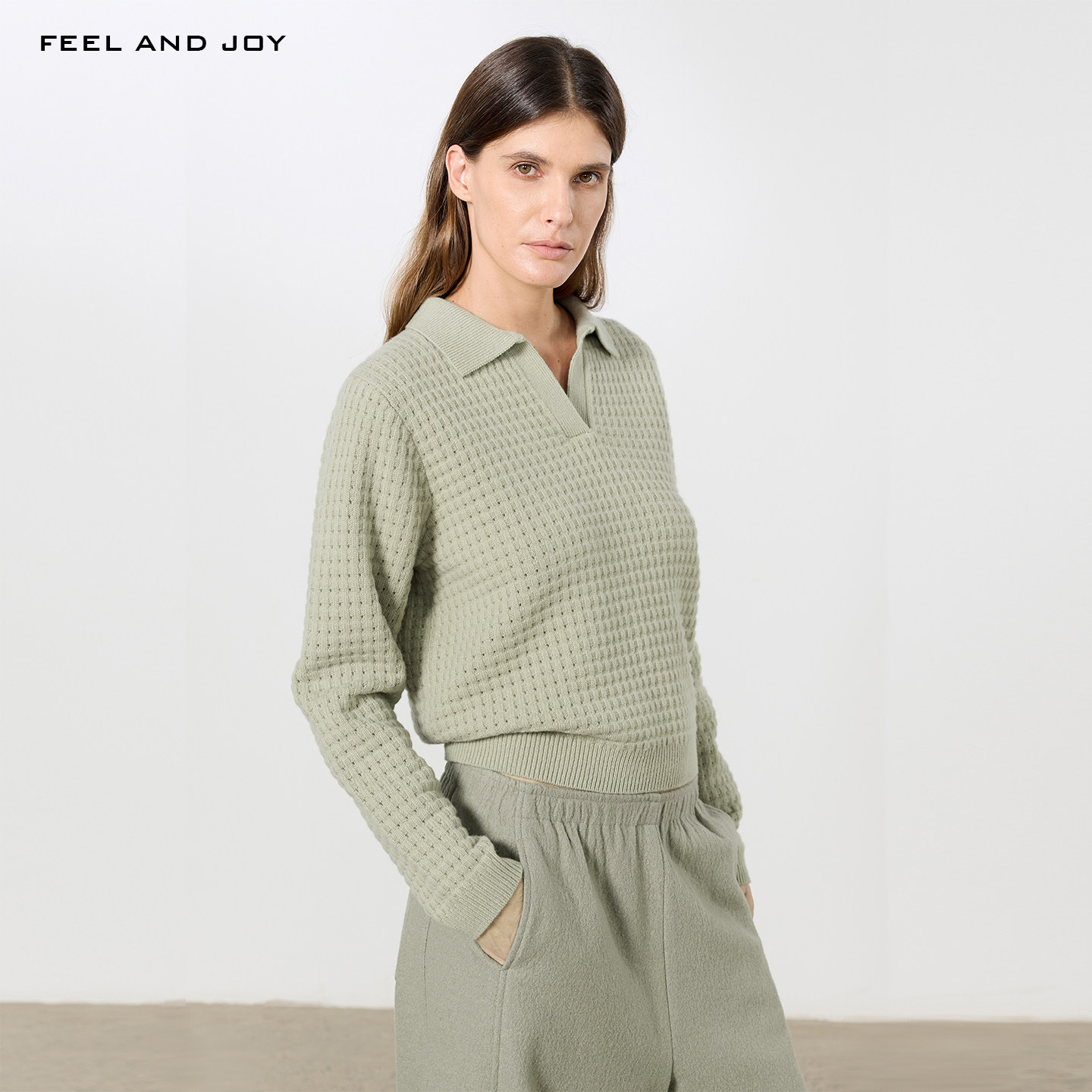 FEEL AND JOY秋冬POLO领华夫格针织衫女宽松慵懒风套头毛衣