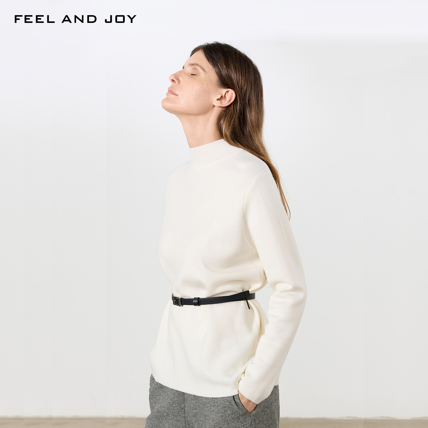 FEEL AND JOY简约半高领羊毛针织衫女秋冬宽松慵懒风内搭毛衣