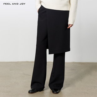 AND 抓绒阔腿裤 JOY秋冬设计感假两件裙裤 裤 女黑色高腰西装 FEEL