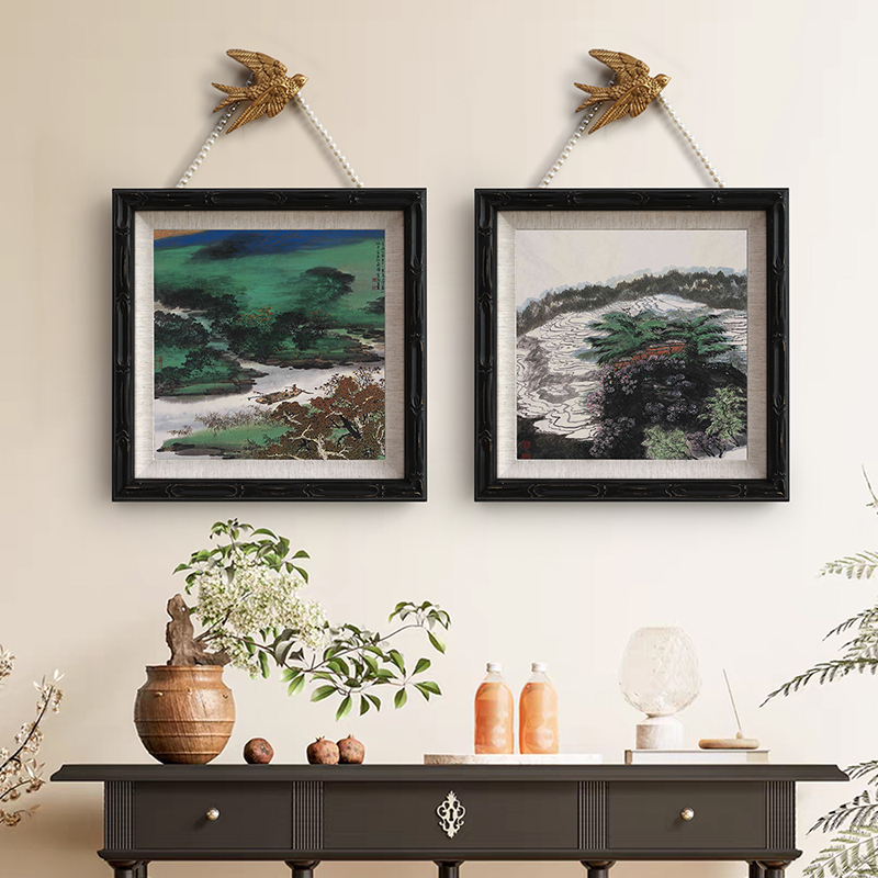 《绿水青山》法式中国风正方形挂画玄关壁饰复古创意风景装饰画图片