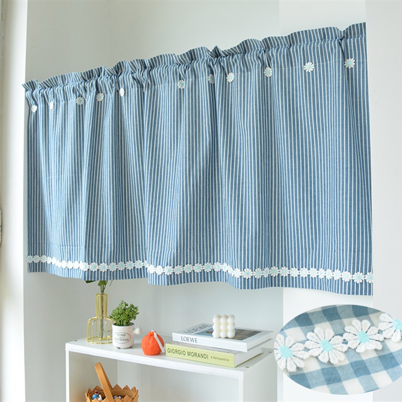 田园格子短帘半遮光家用阳台装饰条纹橱柜帘遮挡门帘飘窗隔断半帘