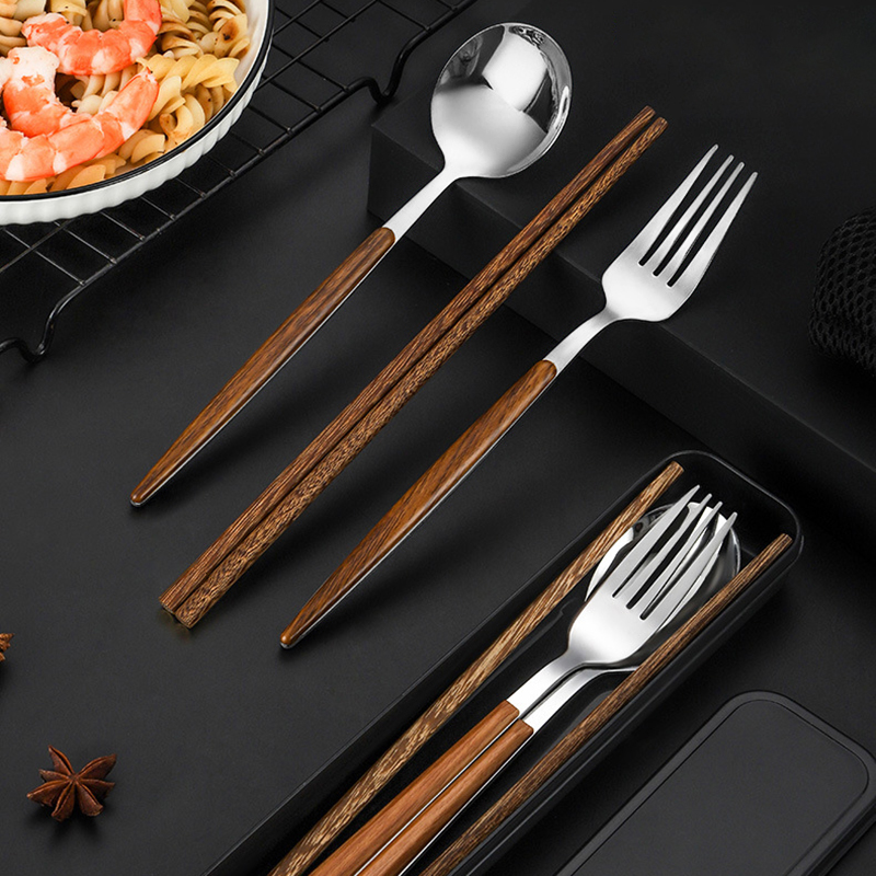 筷子勺子套装叉子木质可携式餐具一人用高颜值不锈钢三件套学生旅