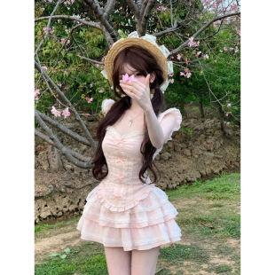 粉雾玫瑰 夏季 纯欲风小众设计上衣 半裙学院风别致氛围感甜美套装