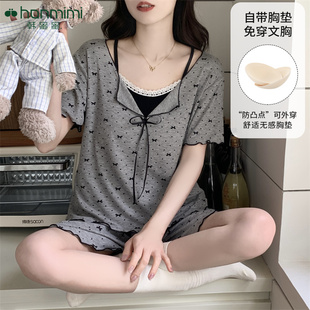 带胸垫可外穿家居服大码 套装 K93050 短裤 韩蜜蜜睡衣女莫代尔短袖