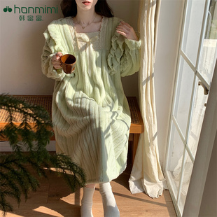 K89822 加厚 韩蜜蜜睡衣女珊瑚绒长袖 睡裙套头蕾丝甜美保暖秋冬款